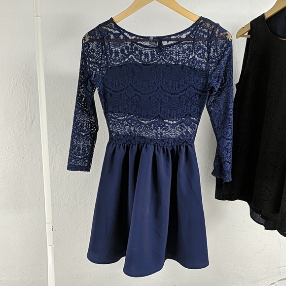 Navy Lace Back & Sleeve Semi-Formal Dress - Picture 2 of 7